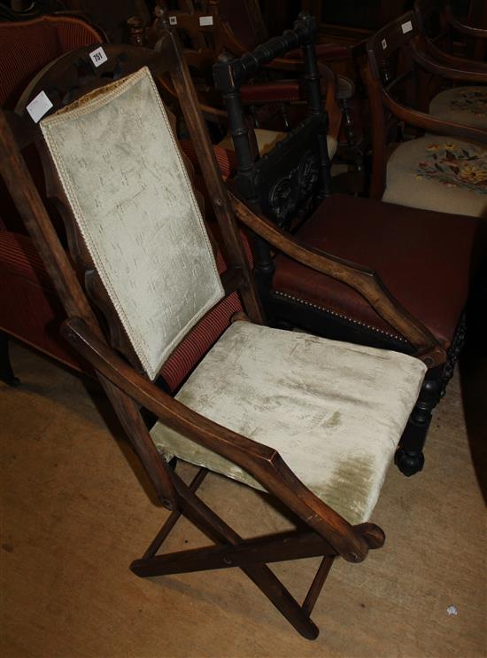 Folding chair and an ebonised Gothic chair